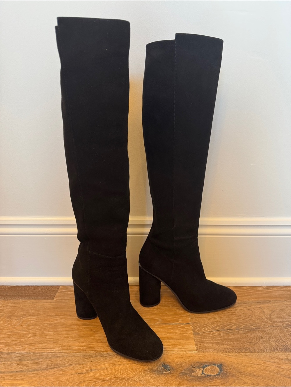 Stuart Weitzman Black Suede Over-the-Knee Block Heel Boots